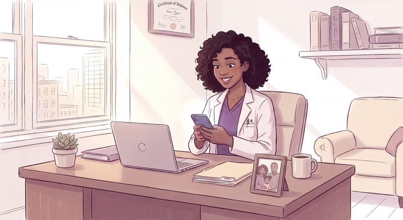 Médica em casa respondendo pacientes pelo celular